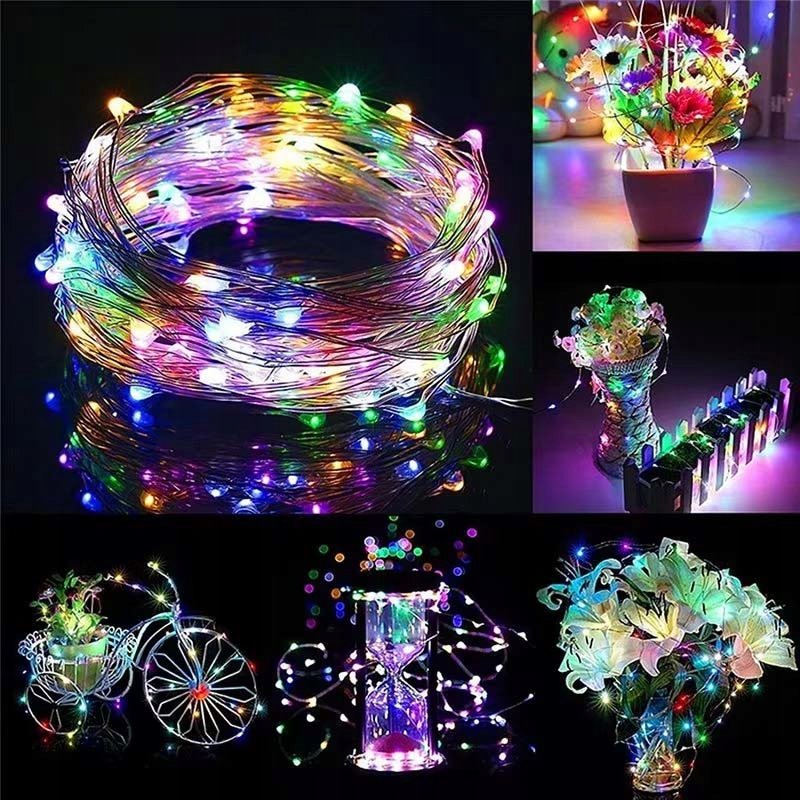 2x Lampki choinkowe KOLOROWE sznur DRUCIK 50 LED 5m MULTIKOLOR na 2 baterie