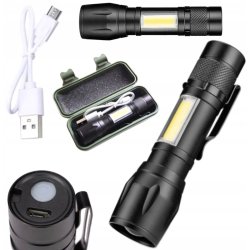 Latarka ręczna led COB XPE zoom Taktyczna mocna na akumulator USB C w etui