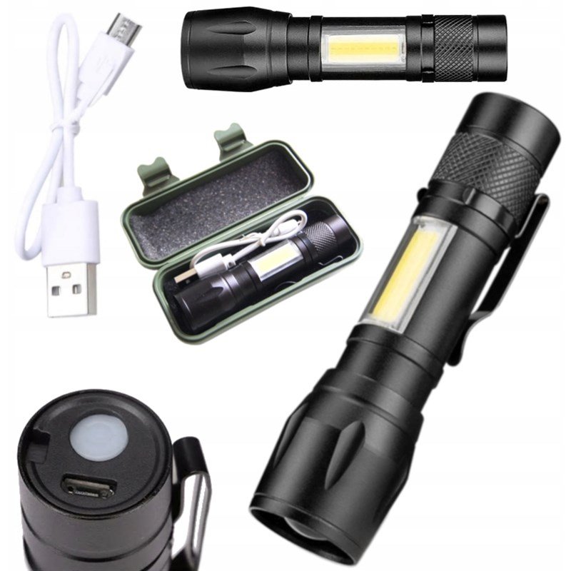 Latarka ręczna led COB XPE zoom Taktyczna mocna na akumulator USB C w etui