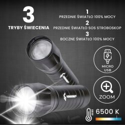 Latarka ręczna led COB XPE zoom Taktyczna mocna na akumulator USB C w etui