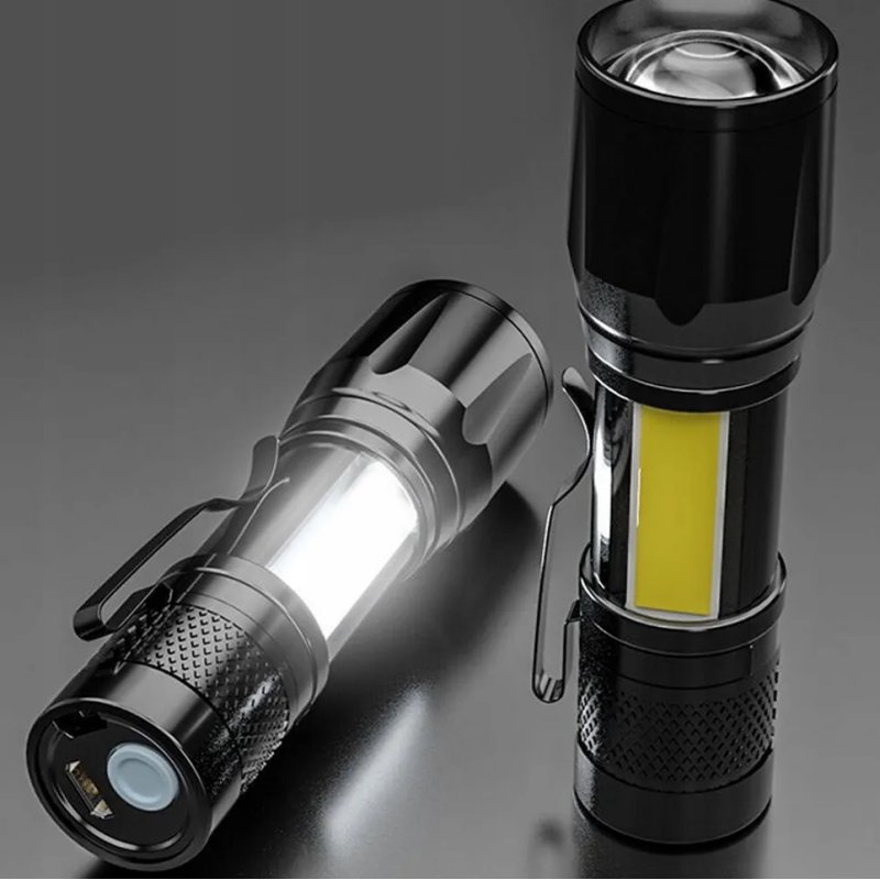 Latarka ręczna led COB XPE zoom Taktyczna mocna na akumulator USB C w etui
