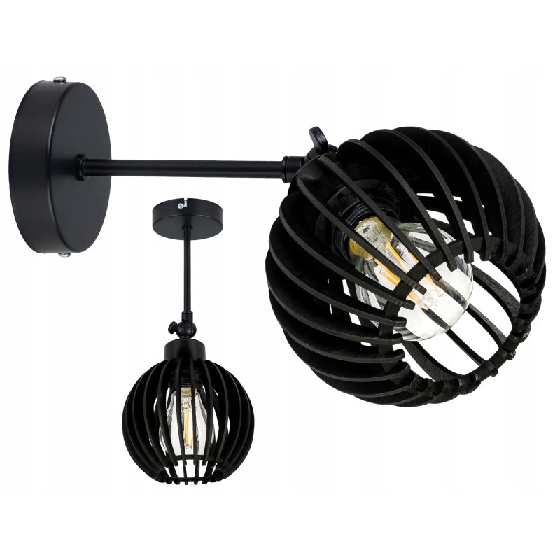 Lampa kinkiet E27 ścienny czarny ruchomy loft kula drewno czarna
