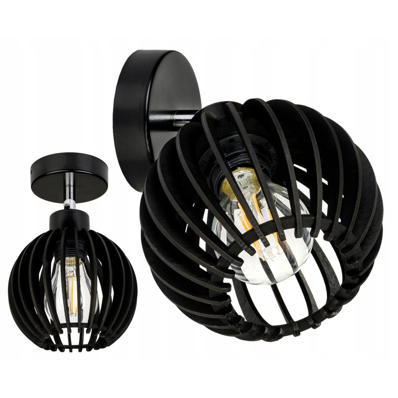 Lampa kinkiet E27 ścienny czarny ruchomy loft kula drewno czarna
