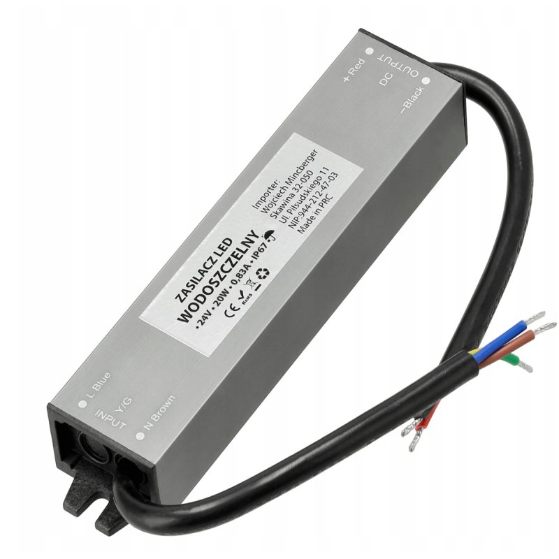 Zasilacz 24V 20W 0,8A wodoodporny do taśm LED IP67 hermetyczny metal MAŁY
