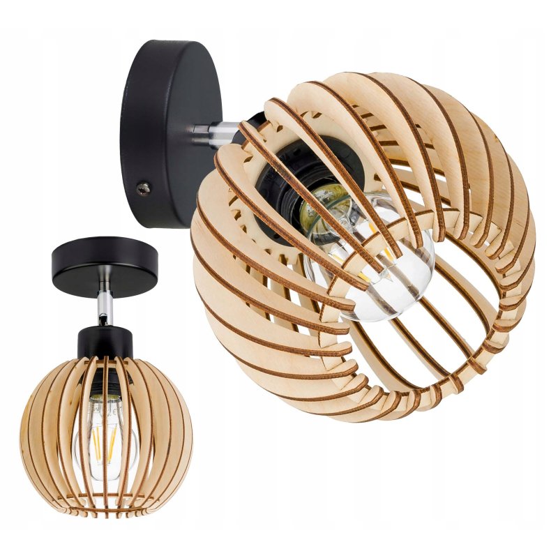 Lampa kinkiet E27 ścienny ruchomy loft kula drewno