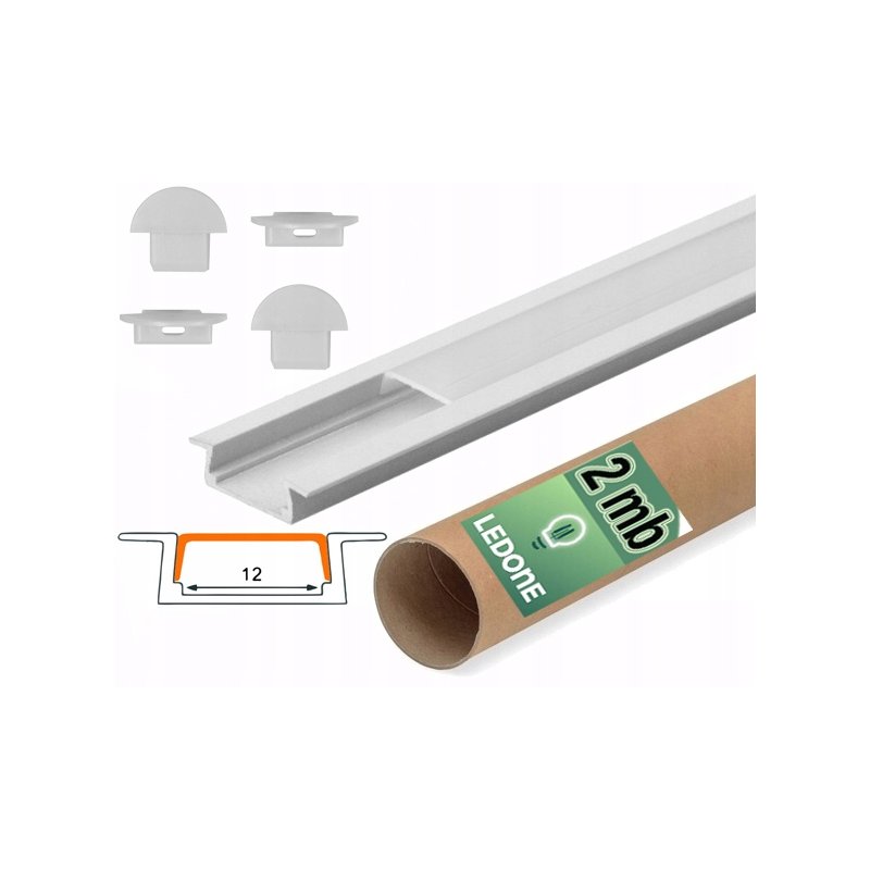 PROFIL aluminiowy WPUSZCZANY biały + KLOSZ mleczny zaślepki 2m do led