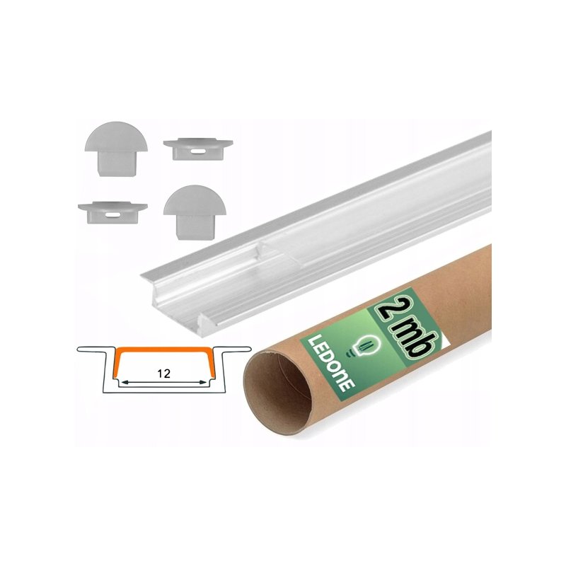 PROFIL aluminiowy WPUSZCZANY srebrny + KLOSZ CLEAR zaślepki 2m do led