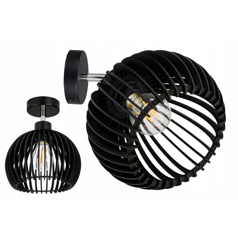 Lampa kinkiet ścienny regulowany LOFT klosz czarny kula 36 Drewno na 1x E27