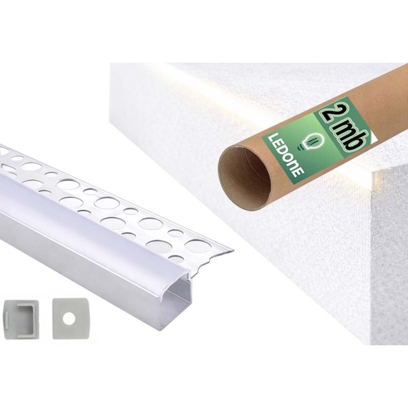 PROFIL LED ALU do PŁYT karton-gips GK GIPSOWYCH krańcowy + klosz 2m SREBRNY