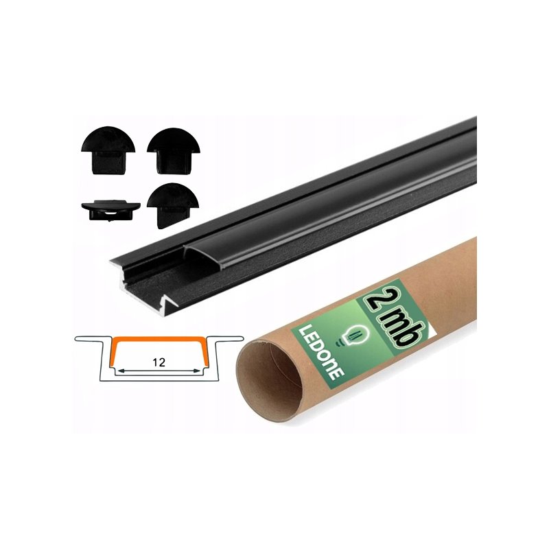 PROFIL aluminiowy WPUSZCZANY czarny + KLOSZ ciemny zaślepki 2m do led
