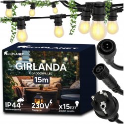 GIRLANDA sieciowa 230V 15m ogrodowa łańcuch + 16x ŻARÓWKI LED E27 Filament