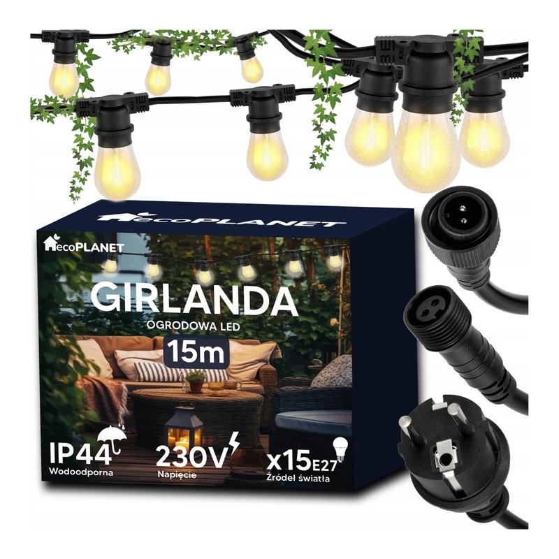 GIRLANDA sieciowa 230V 15m ogrodowa łańcuch + 16x ŻARÓWKI LED E27 Filament