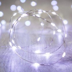 Lampki choinkowe ZIMNE sznur DRUCIK 50 LED 5m biały zimny na 2 baterie AA
