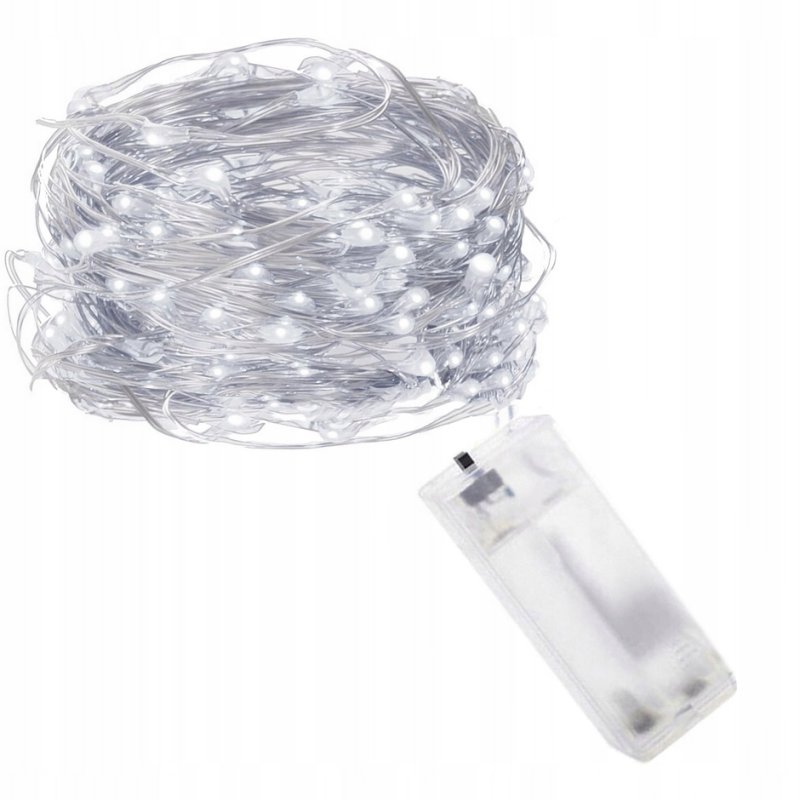 Lampki choinkowe ZIMNE sznur DRUCIK 50 LED 5m biały zimny na 2 baterie AA