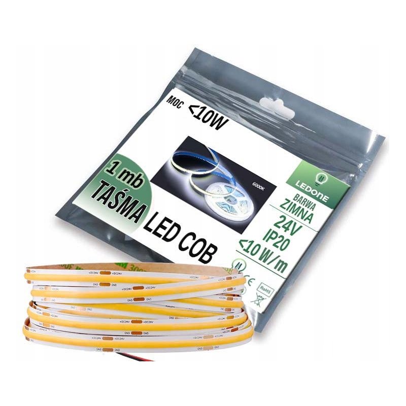 Taśma LED COB linia 24V 10W 480 diod na metr Neon Zimny 1m z rolki 50m