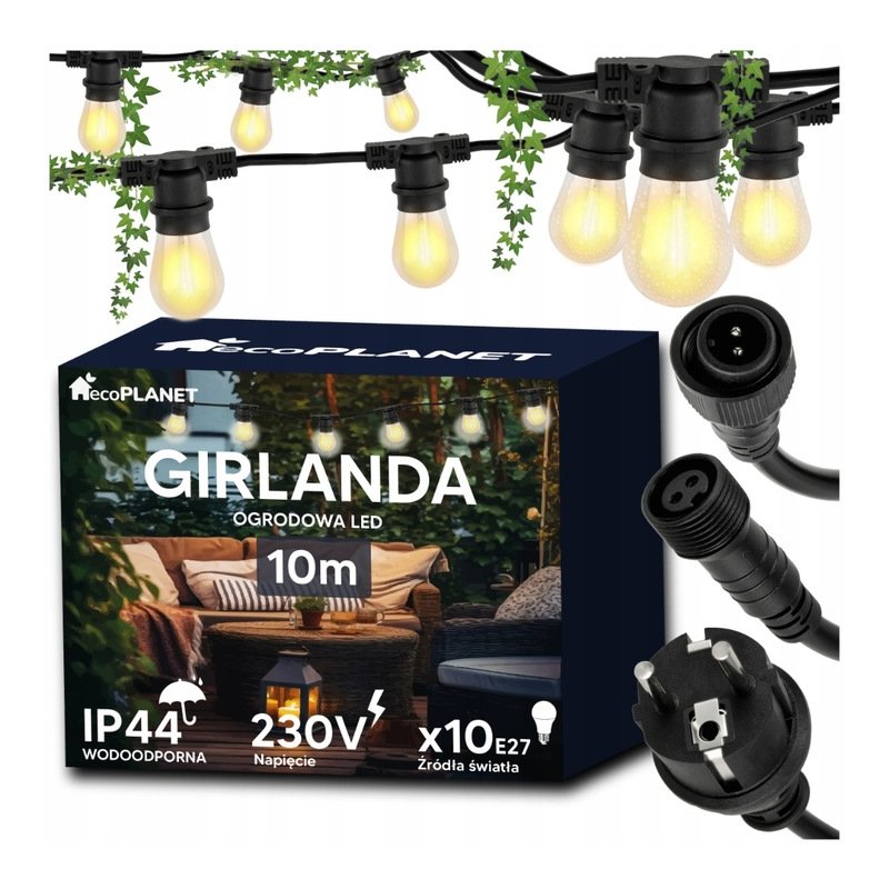 GIRLANDA sieciowa 230V ogrodowa łańcuch 10m E27 + 10x ŻARÓWKI LED Filament