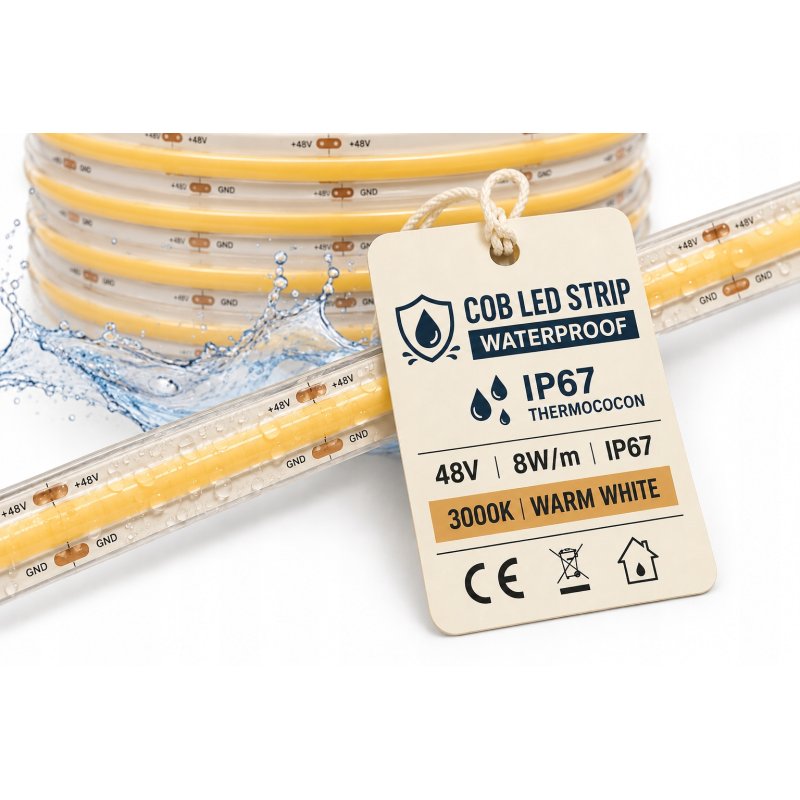 1mb TAŚMA LED COB 48V 8W IP67 NEON PRO linia CIEPŁA termococon wodoodporna