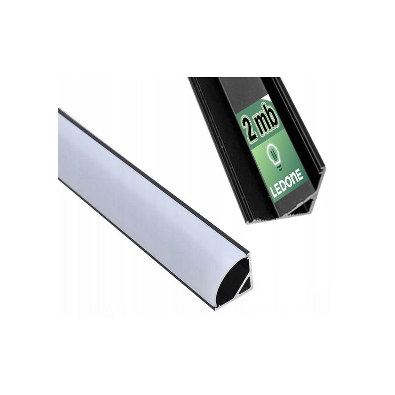 Zestaw 2mb Profil aluminiowy NAROŻNY czarny Szeroki kąt + Klosz MLECZNY