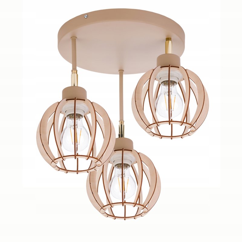 LAMPA WISZĄCA SUFITOWA PLAFON ŻYRANDOL RUCH 3x E27 KASZMIR beż klosz DREWNO