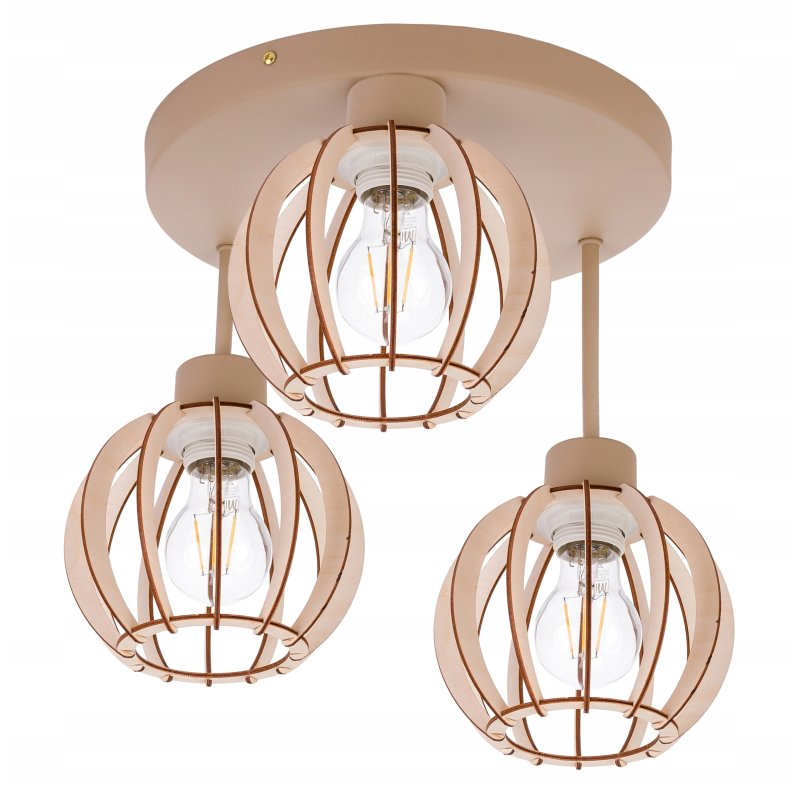 LAMPA WISZĄCA SUFITOWA PLAFON ŻYRANDOL stały 3 E27 KASZMIR beż klosz DREWNO