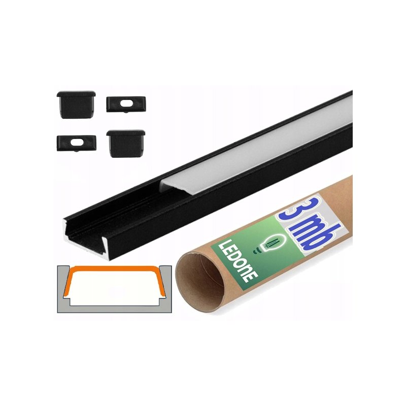 PROFIL aluminiowy NAWIERZCHNIOWY czarny + KLOSZ mleczny zaślepki 3m do led