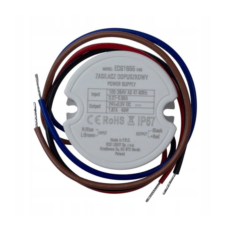 ZASILACZ montażowy do puszki fi60 24V 45W 1,87A IP67 wodoodporny do LED