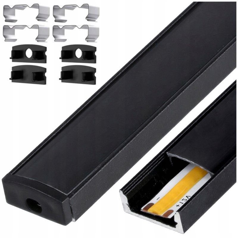 PROFIL aluminiowy NAWIERZCHNIOWY czarny + KLOSZ CIEMNY zaślepki 1m do led