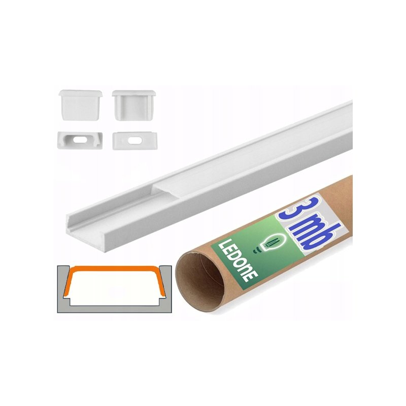 PROFIL aluminiowy NAWIERZCHNIOWY biały + KLOSZ mleczny zaślepki 3m do led