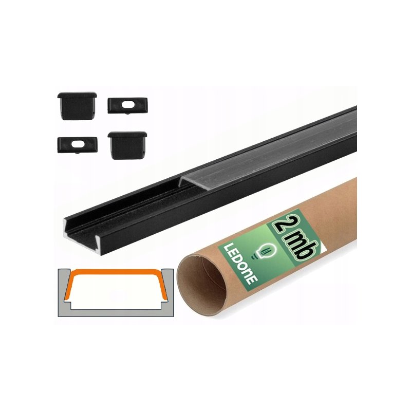PROFIL aluminiowy NAWIERZCHNIOWY czarny + KLOSZ CLEAR zaślepki 2m do led