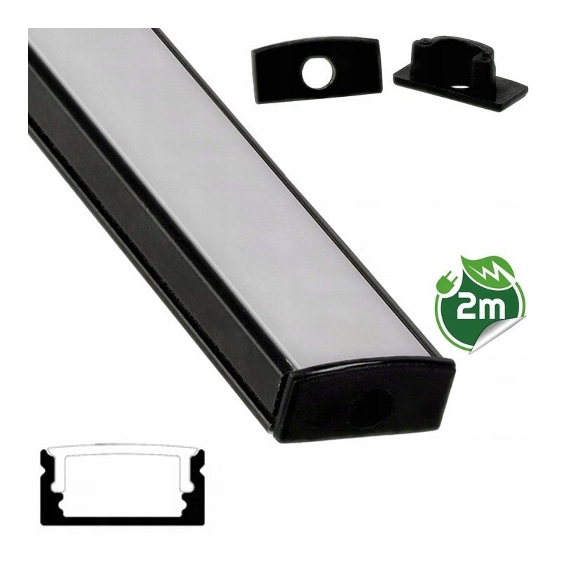 Profil ALUMINIOWY nawierzchniowy CZARNY do taśm LED 2m + klosz mleczny kpl