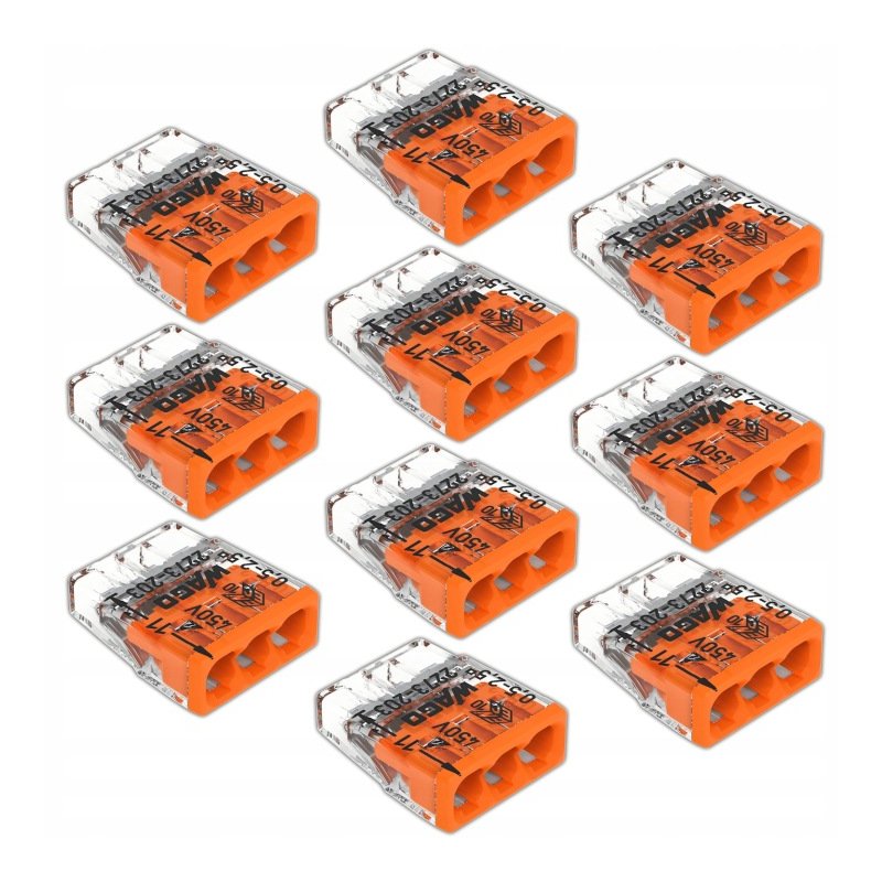 10 x Szybkozłączka kostka WAGO 3-torowa na drut 3x0,5mm-2,5mm zaciskowa