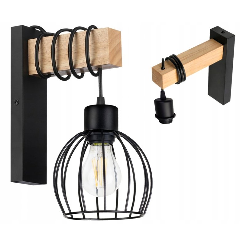 Lampa Kinkiet Ścienny drewniany LED Zwis na kablu klosz 1xE27 LOFT Czarny