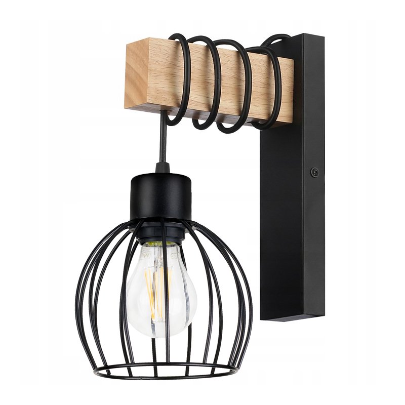 Lampa Kinkiet Ścienny drewniany LED Zwis na kablu klosz 1xE27 LOFT Czarny