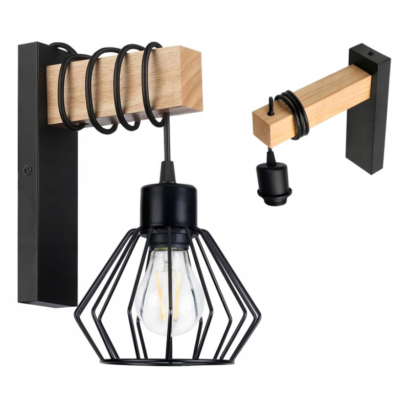 Lampa Kinkiet Ścienny drewniany LED Zwis na kablu klosz 1xE27 LOFT Czarny