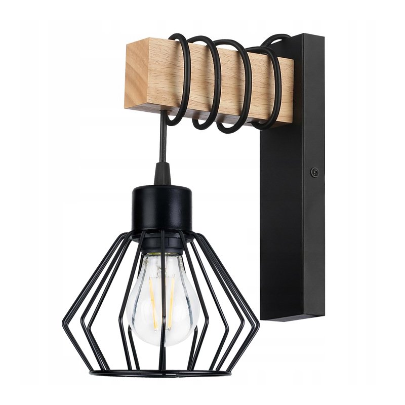 Lampa Kinkiet Ścienny drewniany LED Zwis na kablu klosz 1xE27 LOFT Czarny