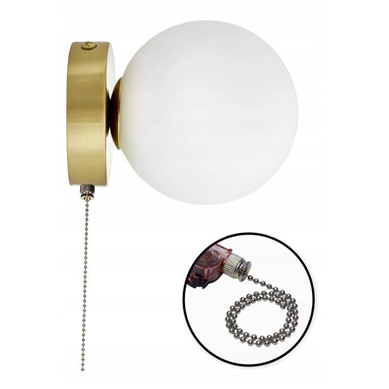 LAMPA ścienna KINKIET z włącznikiem on/off łańcuszkowym SZKLANY KLOSZ KULA