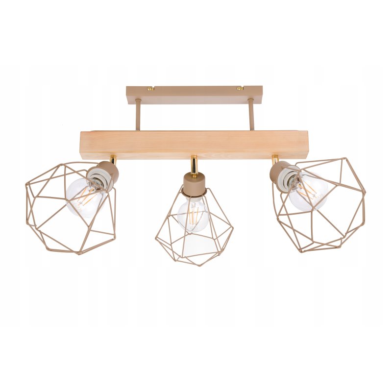 LAMPA drewniana belka sufitowa ŻYRANDOL PLAFON 3x KLOSZ DIAMENT KASZMIR beż