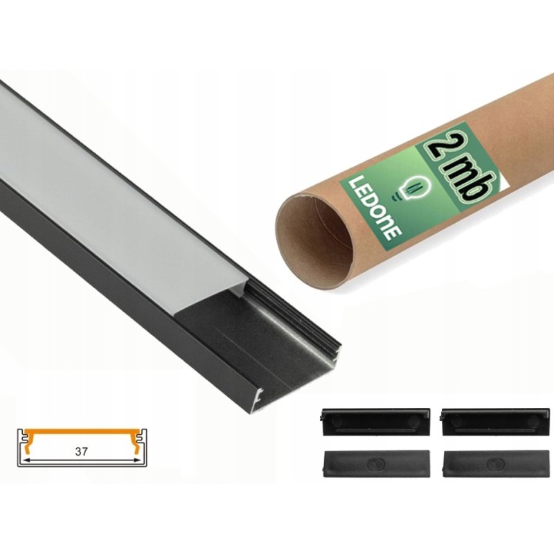 PROFIL alu szeroki XL 40mm NAWIERZCHNIOWY czarny KLOSZ mleczny 2m do LED