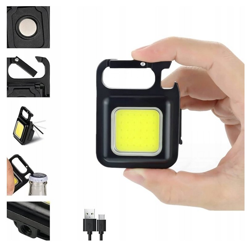 Latarka multi 5w1 LED COB mini kieszonkowa na USB + magnes brelok otwieracz