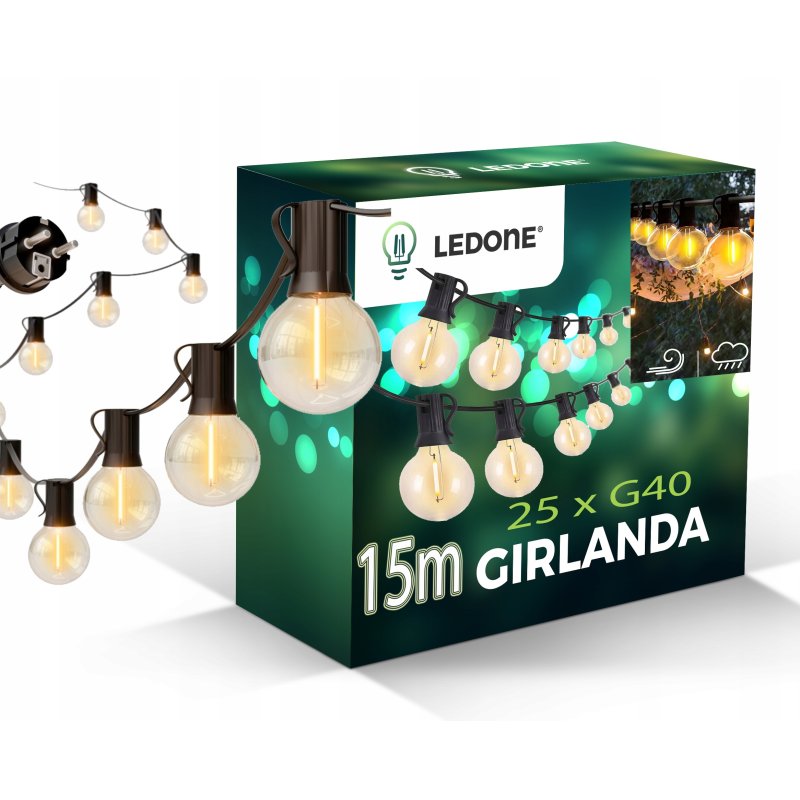 Girlanda Ogrodowa 15m Łańcuch Świetlny IP65 25x Żarówek LED 1W WW G40 230V