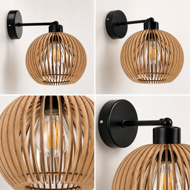 LAMPA KINKIET ŚCIENNY STAŁY LOFT RUSTYKALNY DREWNIANY KULA DREWNO E27