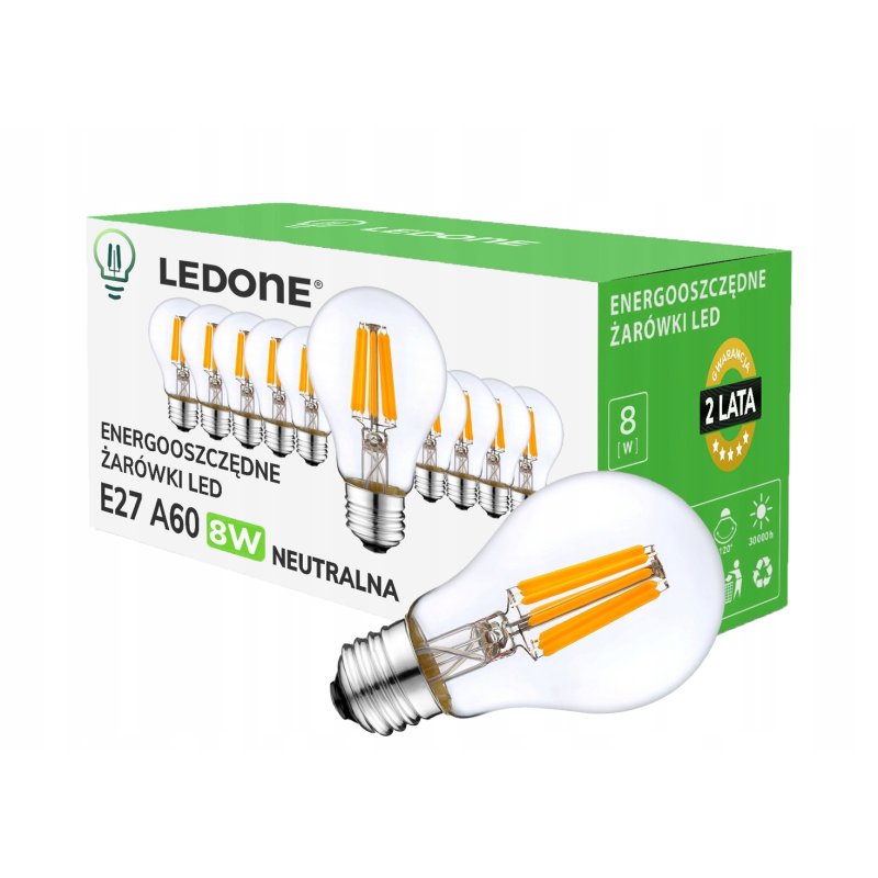 10x Żarówka LED filament E27 A60 8W biała NEUTRALNA CLEAR Zestaw LEDOWY