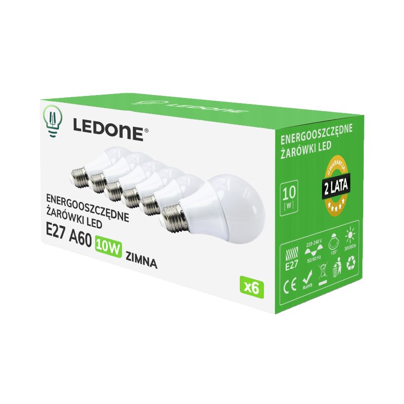 6x Żarówka LED E27 A60 10W Barwa biała ZIMNA Premium Zestaw LEDOWY