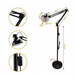 Lampa stojąca podłogowa loft led pojedyncza 1x E27 regulowana czarna 185cm