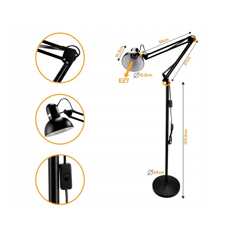 Lampa stojąca podłogowa loft led pojedyncza 1x E27 regulowana czarna 185cm