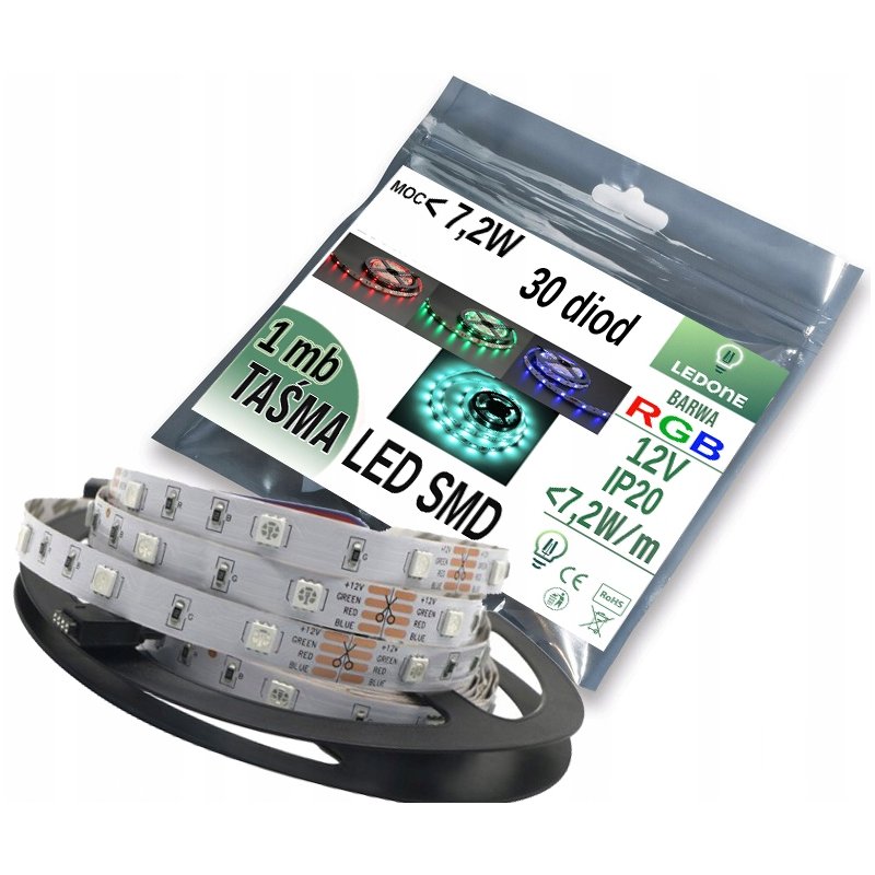 TAŚMA LED 12V 5050 30LED IP20 RGB 1mb z końcówką