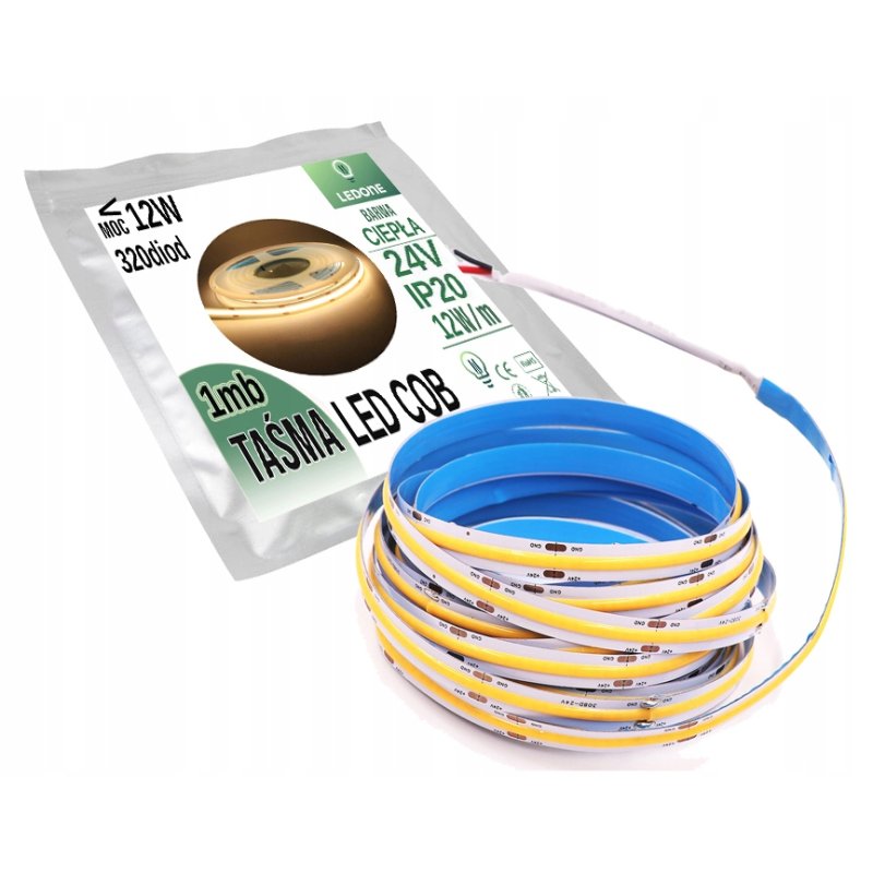Taśma LED COB 24V 12W 320 diod na metr Neon biały Ciepły 1m z rolki 50m