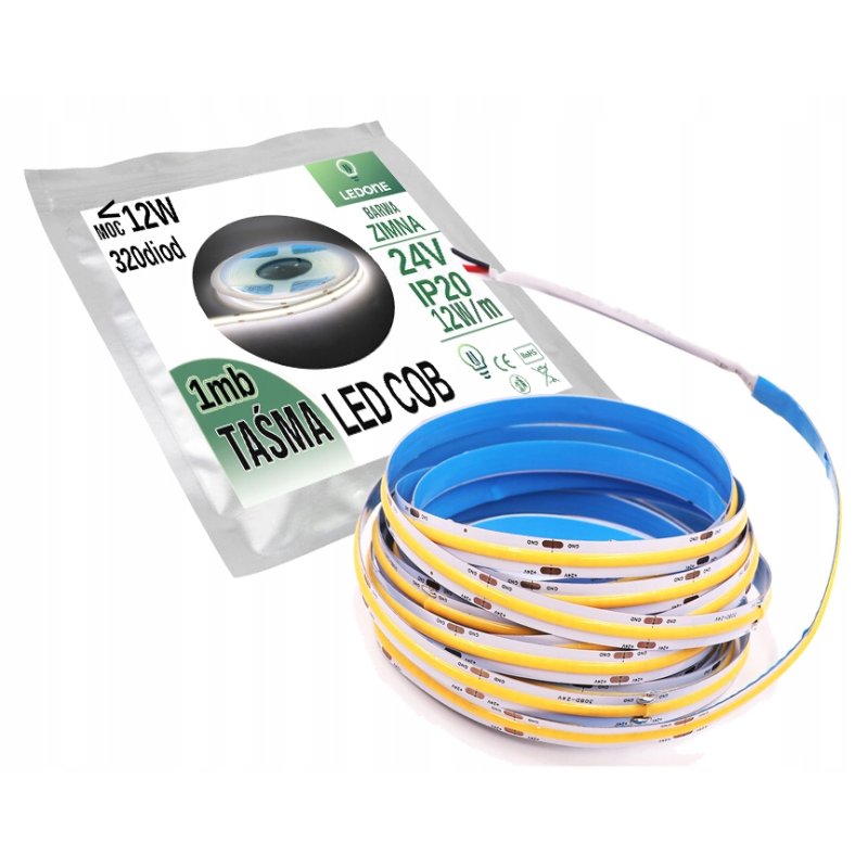 Taśma LED COB 24V 12W 320 diod na metr Neon biały Zimny 1m z rolki 50m