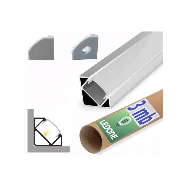 Zestaw 3mb Profil aluminiowy NAROŻNY SREBRNY + KLOSZ mleczny do taśm led