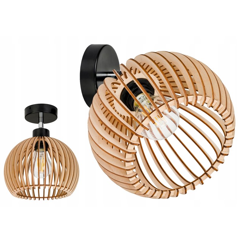 LAMPA KINKIET ŚCIENNY REGULOWANY LOFT RUSTYKALNY KLOSZ KULA DREWNO E27